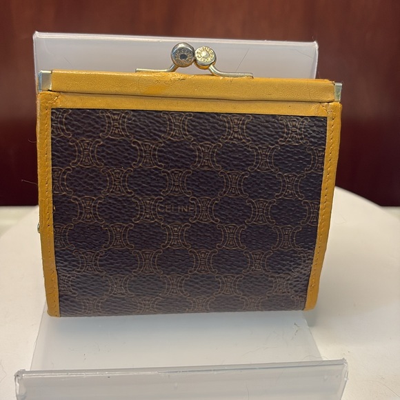 Celine wallet compact Kisslock Macadam coated canvas/leather brown & tan - Picture 8 of 17